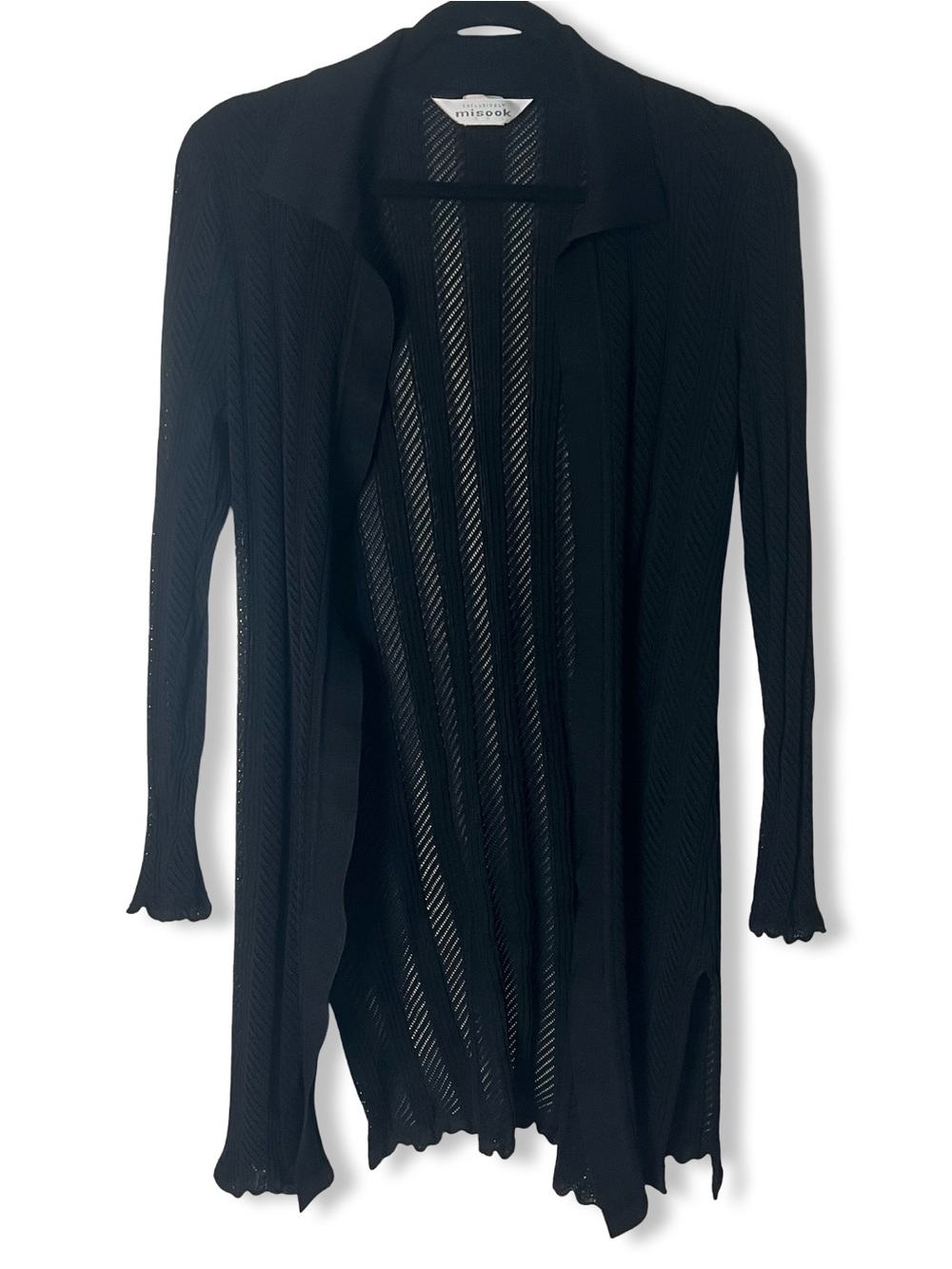 Misook Women’s Long‎ Line Black Scalloped Open Weave Cardigan Sz M